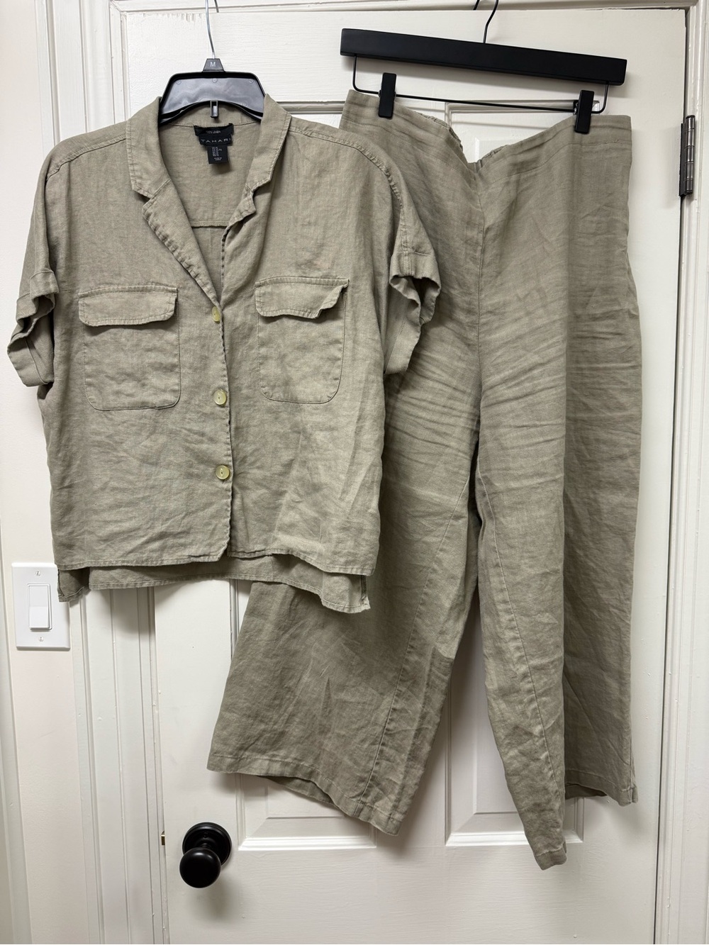 Tahari Olive Green Linen Short-Sleeve Shirt & Wide-Leg Pants Set